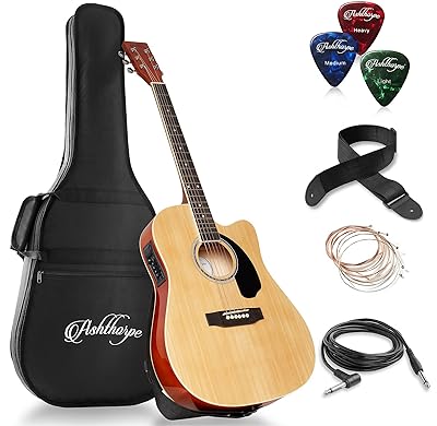 4. Ashthorpe Full-Size Cutaway Thinline Acoustic-Electric Guitar Package

